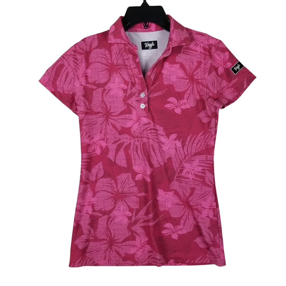 Waggle Polo Shirt Women XS Pink Tropical Hibiscus Floral Golf Activewear Top